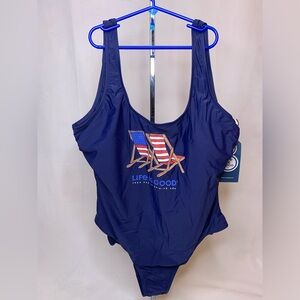 life is good one piece bathing suit UPF 50+ patriotic American flag swim wear XL
